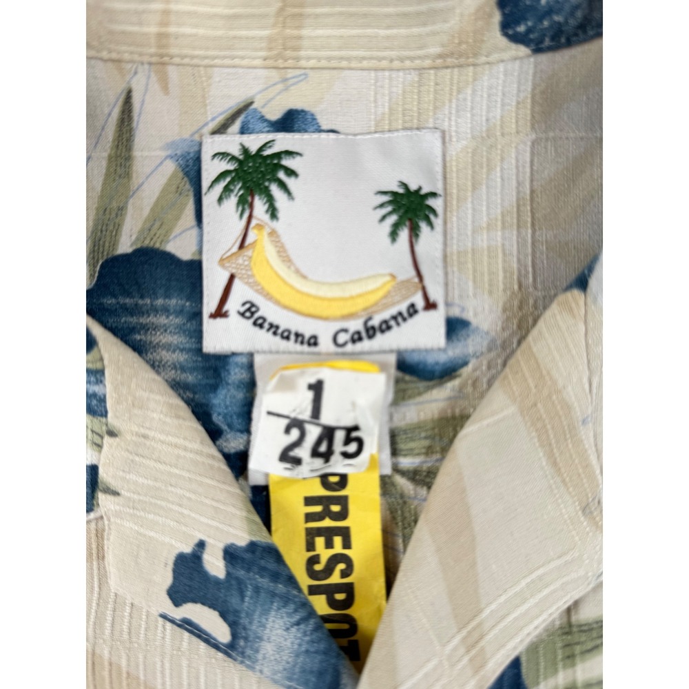 Banana Cabana Mens Large Silk Hawaiian Shirt Tan Blue Floral Short Sleeve Button - Picture 3 of 7